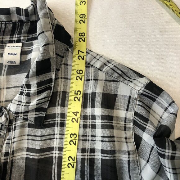Old Navy Sheer Button Up Shirt Women Medium Black White Plaid Long Sleeves - Picture 6 of 9